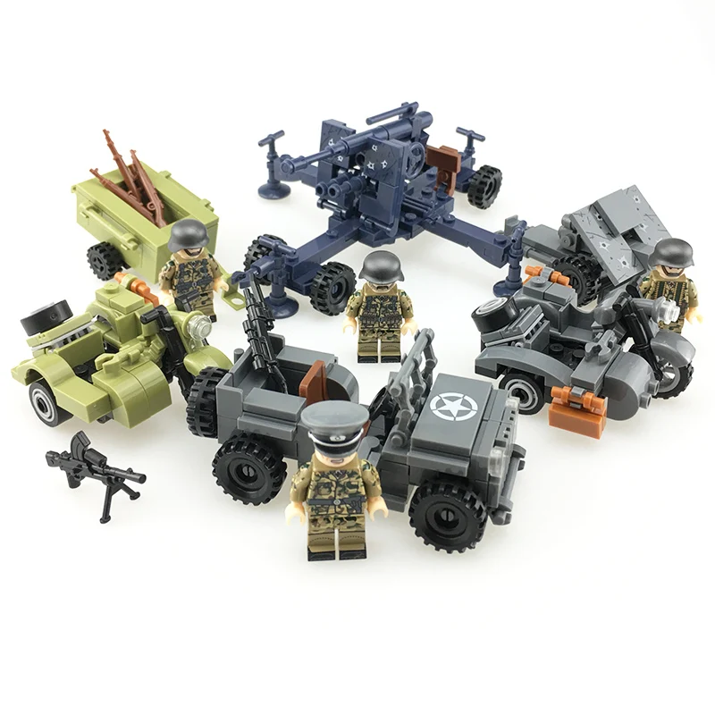 

WW2 Military Army Soldier Figures Building Blocks German Willis Jeep antiaircraft gun Weapon Accessories Bricks Toy for Children