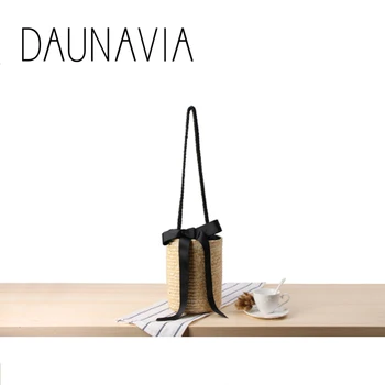

DAUNAVIA Brand Shoulder bucket woven bag Ribbon solid color handmade straw bag summer vacation beach leisure bag Leather Handbag