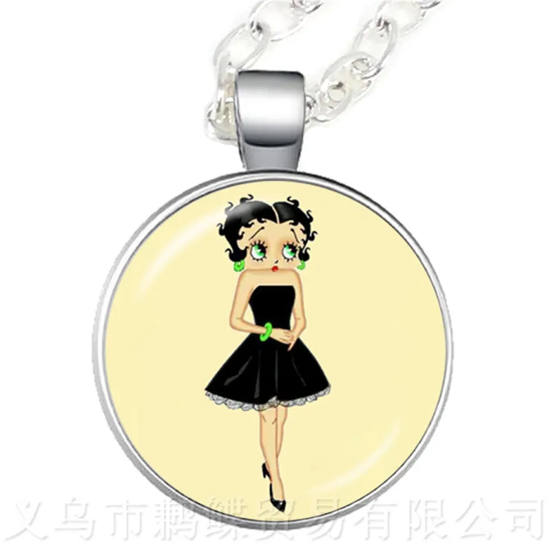 

Betty Boop Silver Plated Pendant Necklace Charm 25mm Glass Dome Trendy Sweater Chain Jewelry For Women Gift