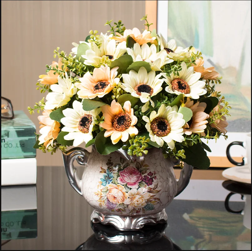 1 компл. Европейский искусственный цветок+ ваза гостиная домашний стол Свадебный декор в горшках орнамент в стиле бонсай Шелковый Флорес+ керамическая ваза подарок - Цвет: 14
