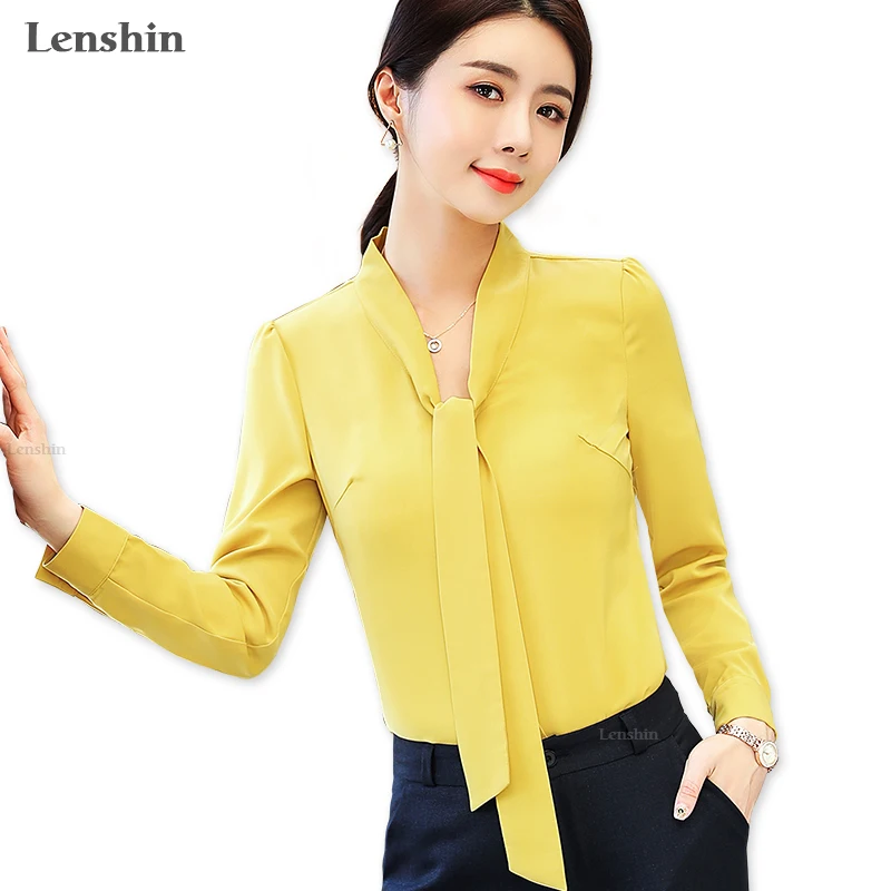 Lenshin Yellow Bow Shirt Soft Candy Color Blouse with Tie Women Female ...