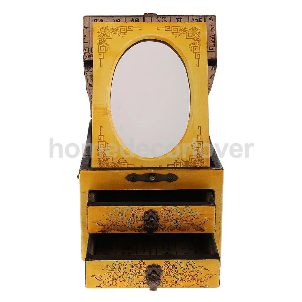 Vintage Wooden Dresser 2 Drawer 1 Mirror for Jewelry Storage Case Box Yellow