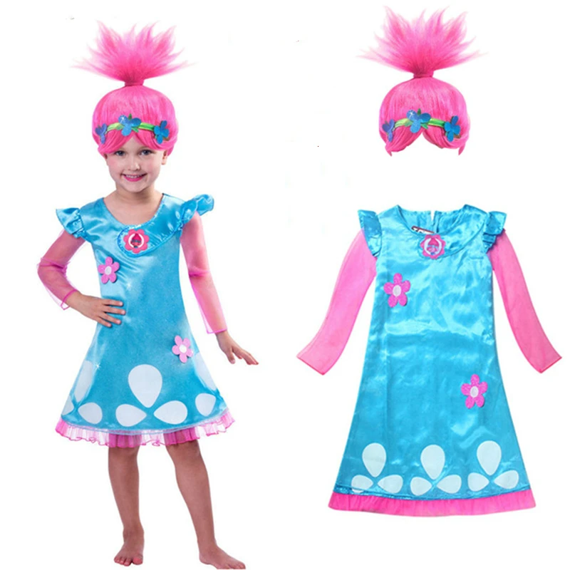 

2018 New Troll Wig+dress set Children Costumes For Girls Carnival Kid Costumes Dress Trolls Clothes Poppy Party vestido de festa