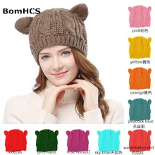 BomHCS/Милая шапка с кошачьими ушками для девочек; зимняя женская Толстая теплая шапка; плетеные вязаные шапки с ушками