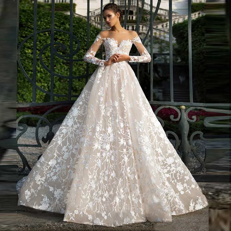 

Vesido De Novia 2019 Wedding Dress Long Sleeves Tulle Appliqued Bride Dress Vintage Court Train Robe De Mariage Wedding Gowns