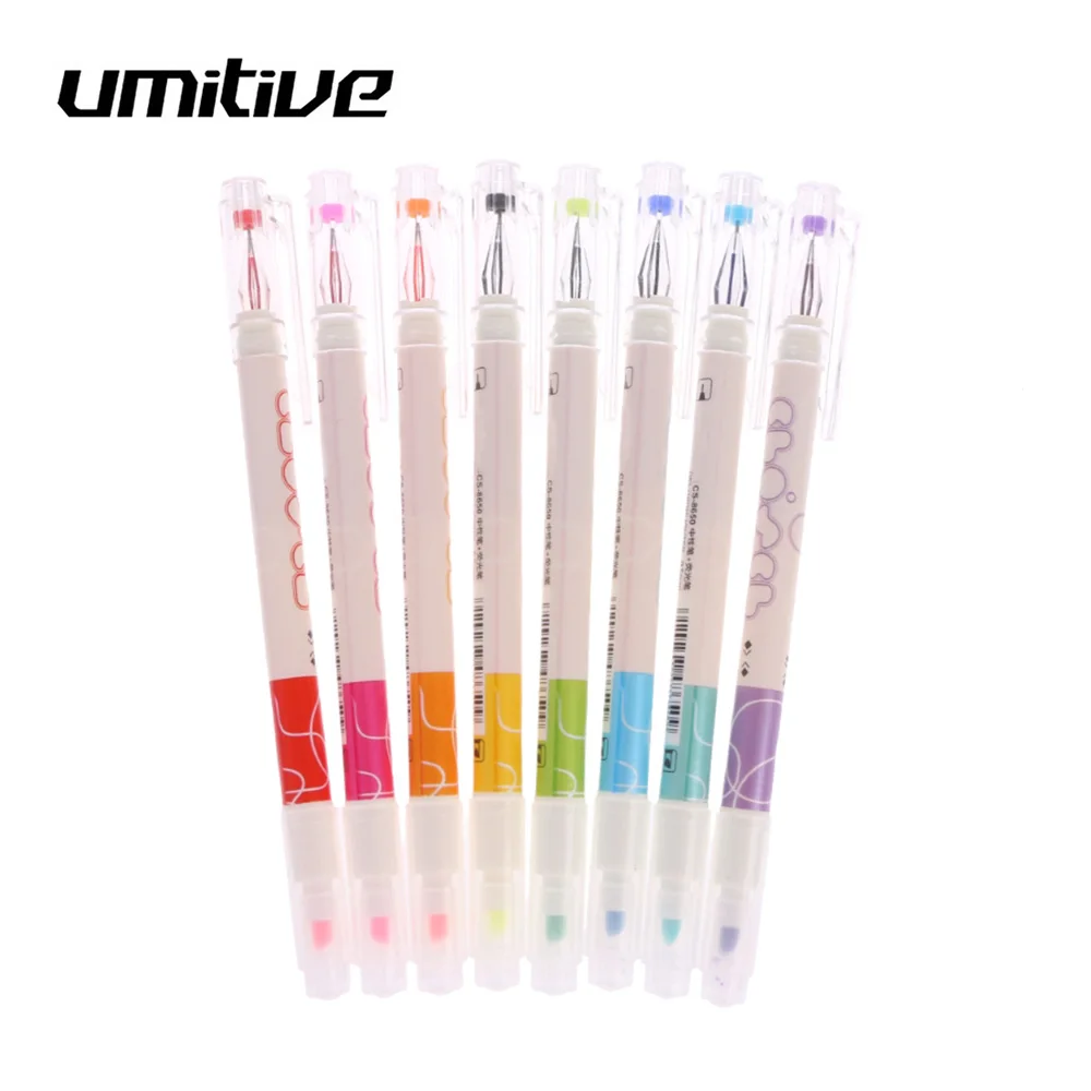 

Umitive 8pcs/Set Double Headed Mark Neutral Gel Pen With Fluorescent Pen Colorful Art Highlighter Stationery Drawing Supplies