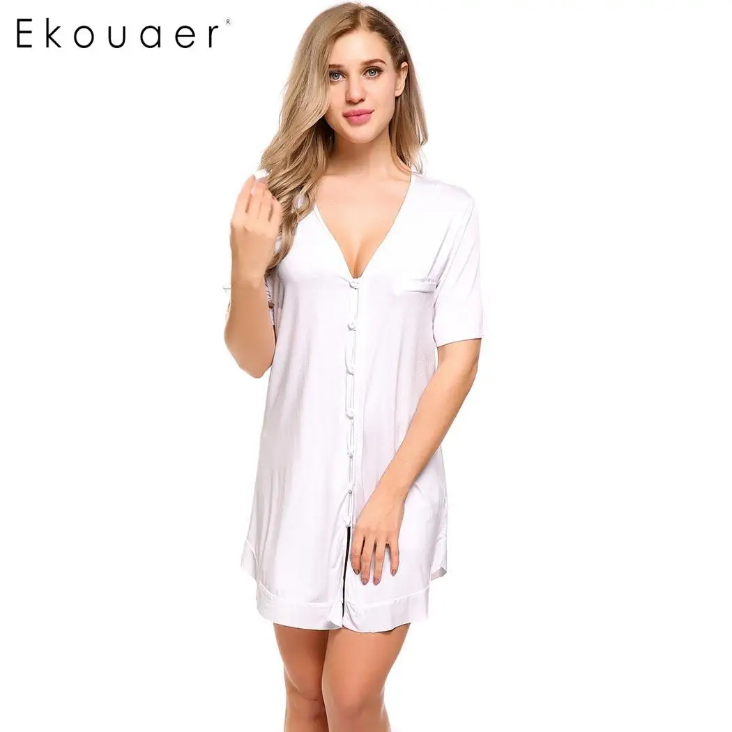 Ekouaer, Женская Сексуальная Ночная сорочка с короткими рукавами, рубашка на пуговицах, ночная рубашка, ночное платье, женская домашняя одежда - Цвет: White