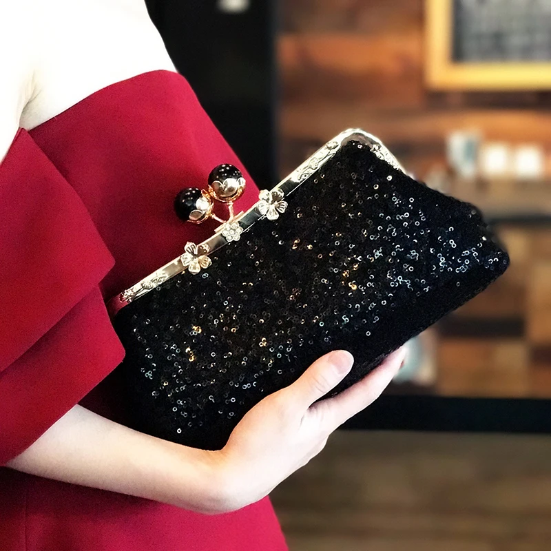 RUBIHOME Handmade DIY Crafts Material Black Sequins For Women Clutch Purse Frame Banquet Wedding Purses Chain Bags(no finished)
