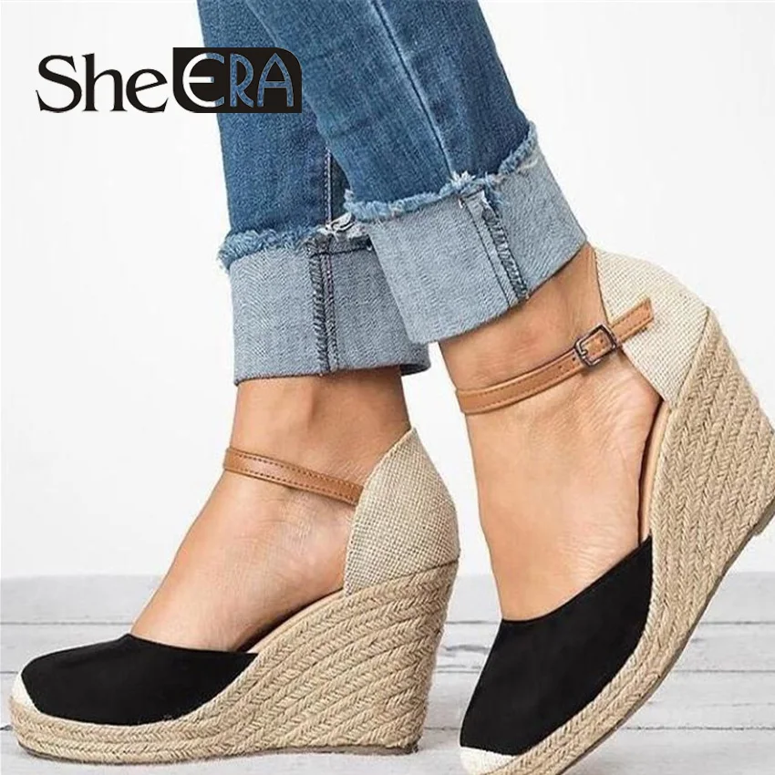 

She ERA Wedge Sandals Platform Espadrilles Rome Buckle Strap Flock Cover Heel Patchwork Casual Sandals Women Shoes