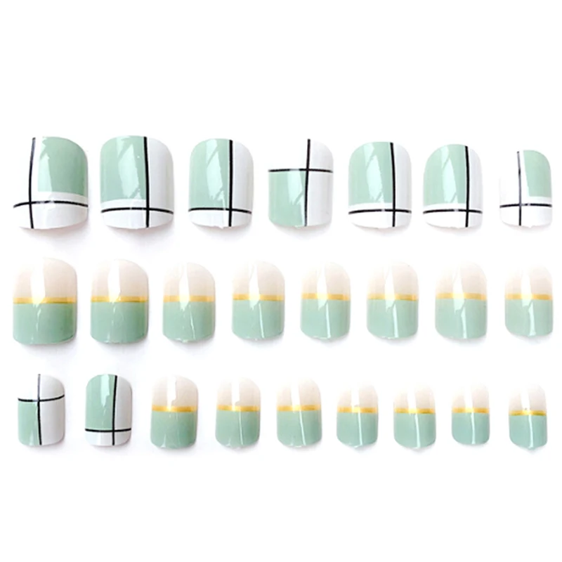 24 шт поддельные ногти решетки сетки дизайн искусственный Французский нажмите на ногти с клеем
