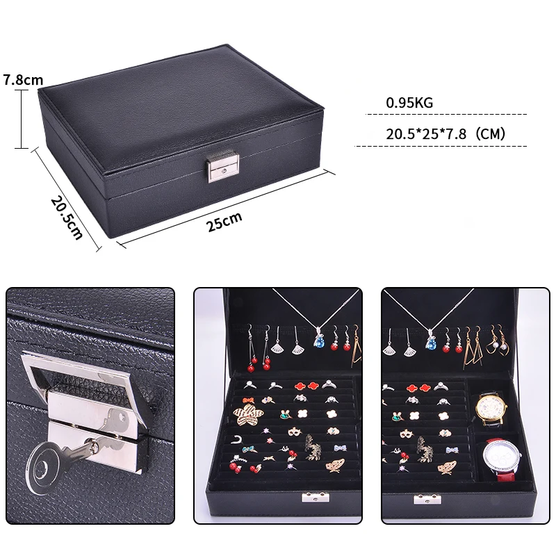 Guanya mujeres de cuero rectangular anillos de embalaje pendientes organizador de almacenamiento caja de exhibición exquisita caja de joyería de viaje regalo - 5