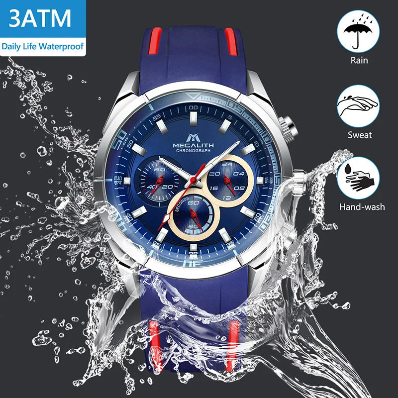 MEGALITH, брендовые часы, мужские Аналоговые кварцевые часы с хронографом, спортивные водонепроницаемые наручные часы с силиконовым резиновым ремешком для мужчин, часы 8049
