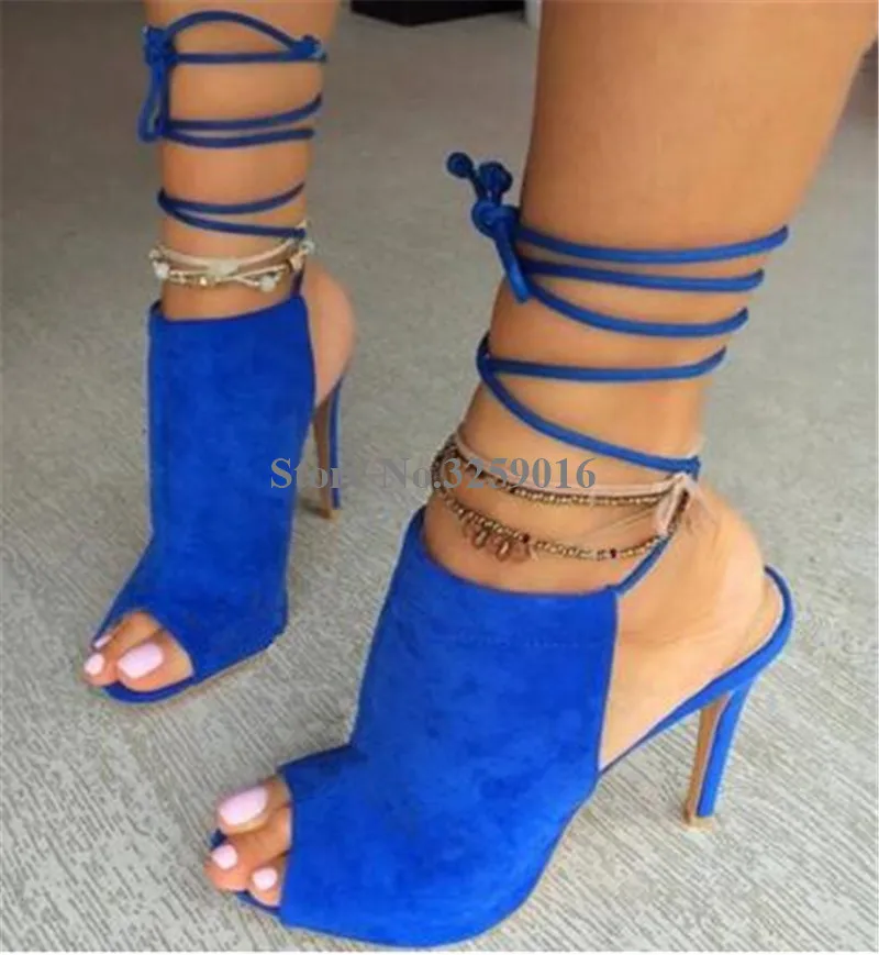 

Women Fashion Peep Toe Suede Leather Stiletto Heel Gladiator Sandals Lace-up Blue High Heel Sandals Dress Heels