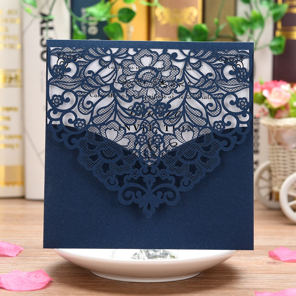  5 PCS Laser Cut Wedding Invitations Cards Blank Luxury Lace Flower Pattern Invite Card for Marriage - 4.00003E+12