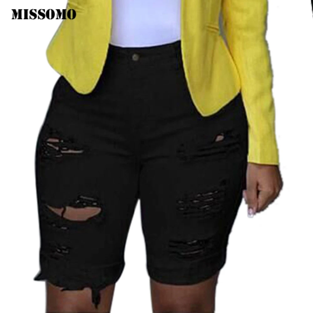 MISSOMO denim jeans womens Elastic Destroyed Hole Leggings Short Pantsdenim jeans shorts black skinny jeans strech jeans women