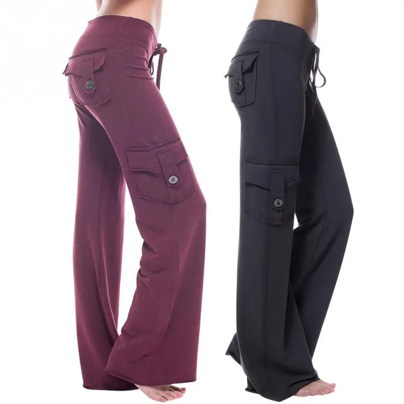 

Brand New Women Sports Pants With Pockets Summer Casual Elastic Slim Fit Drawstring Button Pant Autum Ladies Solid Pants Hot