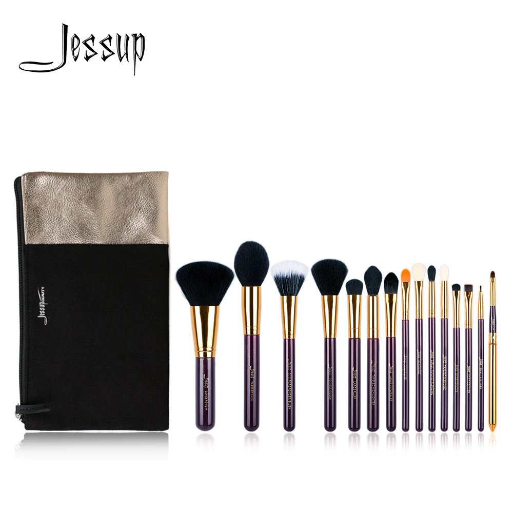 

Jessup Brand 15pcs Beauty Makeup Brushes Brush Set Tool Purple and Gold T095 & Cosmetics Bags Women Bag CB002