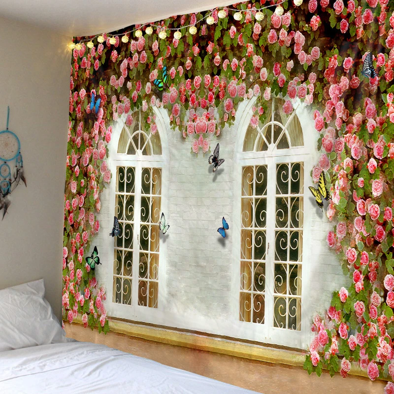 

European Window Flower Wall Butterfly Beauty Tapestry Wall Hanging Bedspread Beach Mat