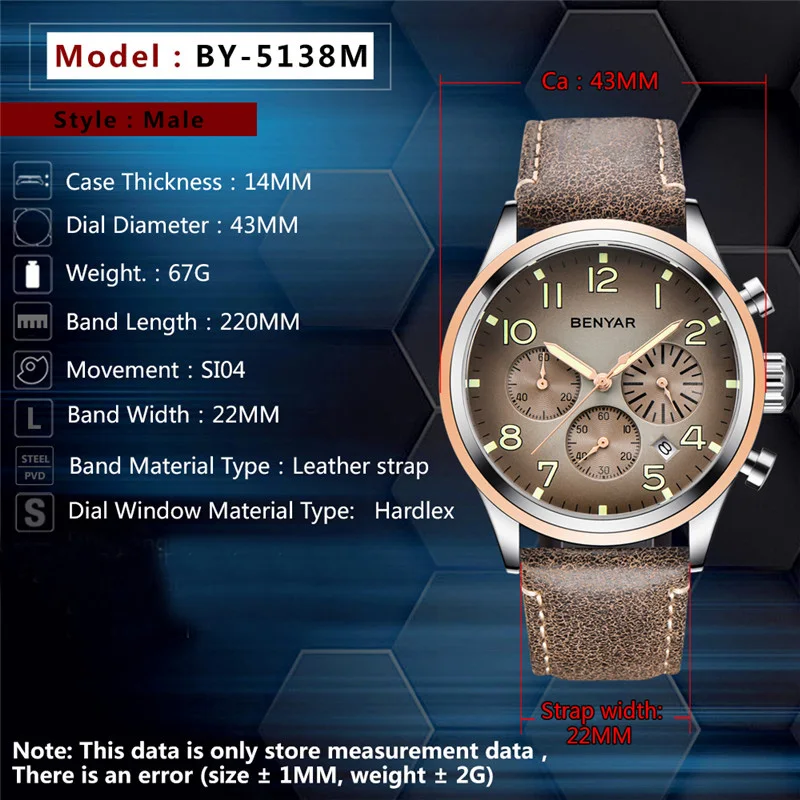 BENYAR мужские часы лучший бренд класса люкс Хронограф водонепроницаемые военные мужские часы новые спортивные кожаные Наручные часы relogio masculino 5138
