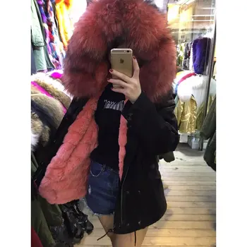 

New fashion winter thick warm watermelon red Beaver rabbit fur jacket real raccoon fur collar Rex rabbit fur lining black parka
