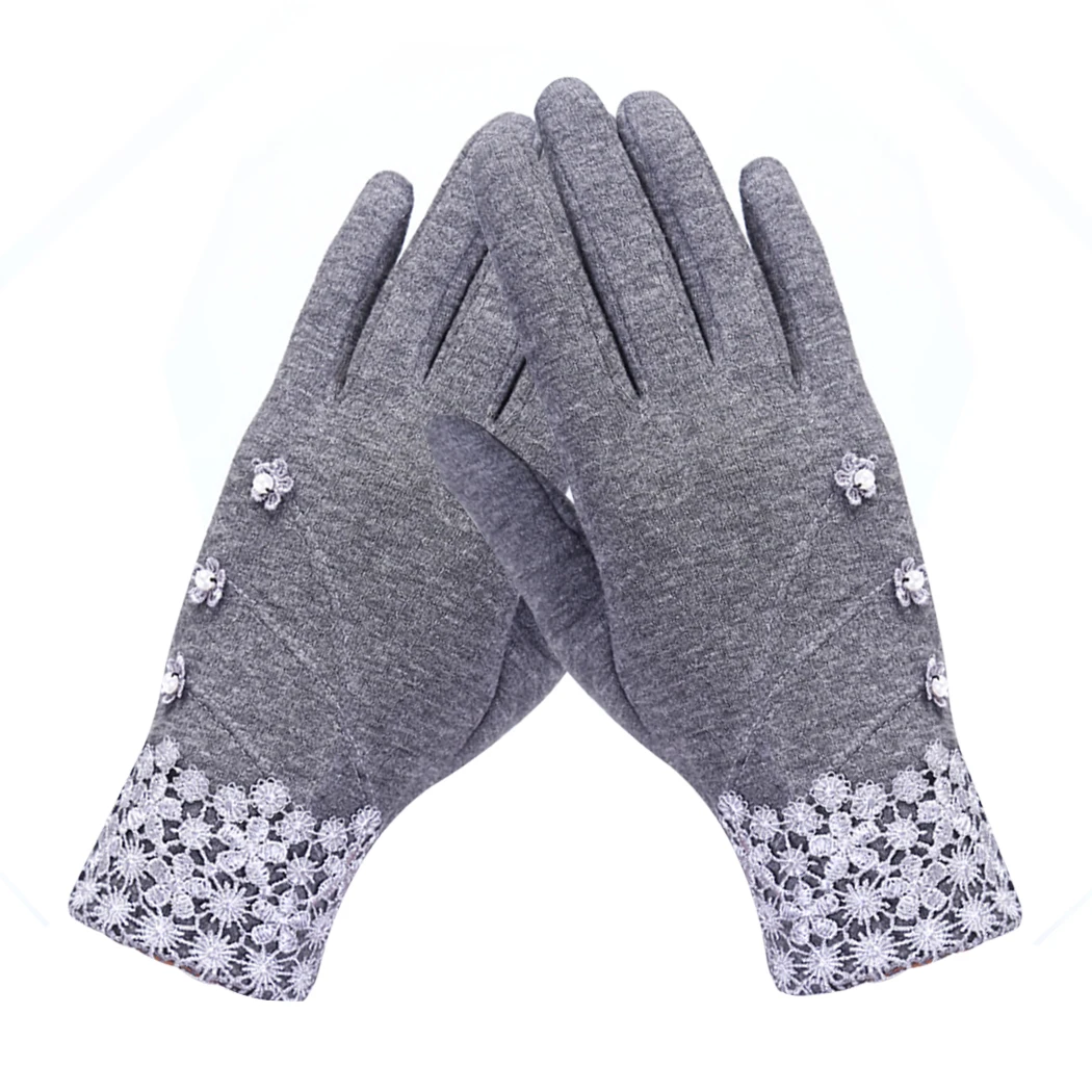 2018 новые зимние Для женщин теплые перчатки Кружева цветочные кашемир лук полный палец варежки наручные Guantes леди рук аксессуары для