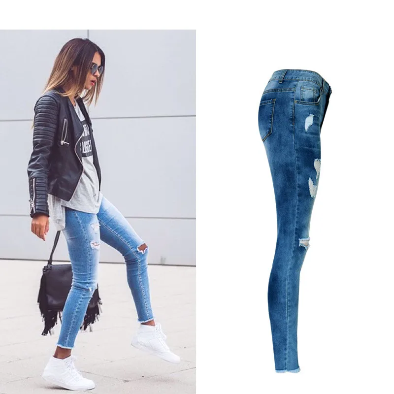 Jeans High Waist Ripped Hole Women Boyfriend Jeans Navy Blue Cotton Skinny Denim Push Up Bleached Fashion Female Jeans Femme (11)