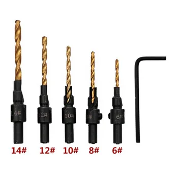 

1/4 Round Handle Woodworking Ti Countersink Drill Bit Set Size #6 #8 #10 #12 #14 5pcs Wood Countersinks Screw