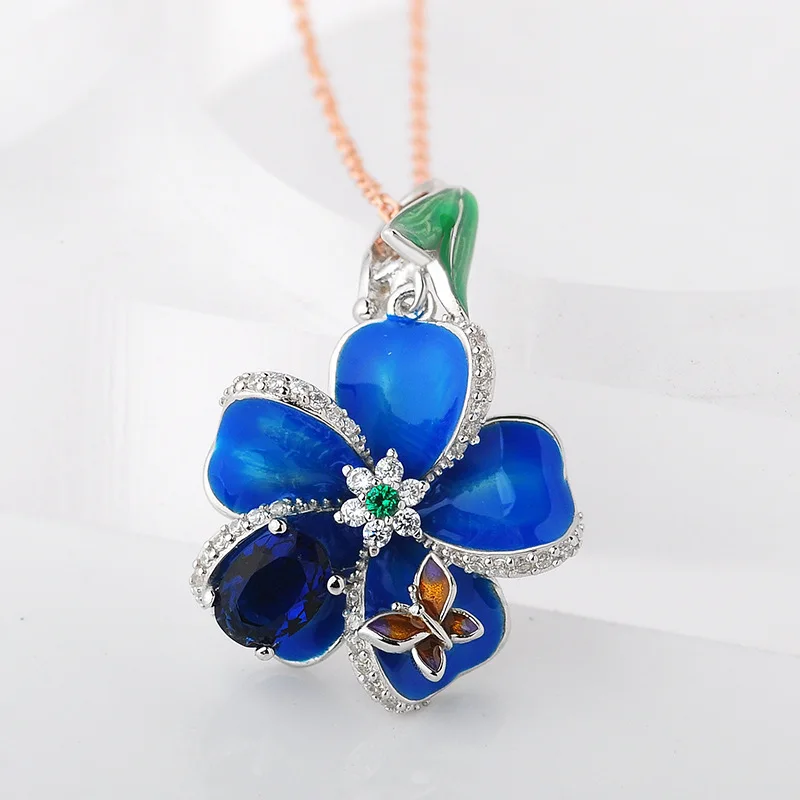 

Free shipping 925 Silver Necklace Blue Enamel Flower and Small butterfly Necklace Pendants For Women Enamel Jewelry