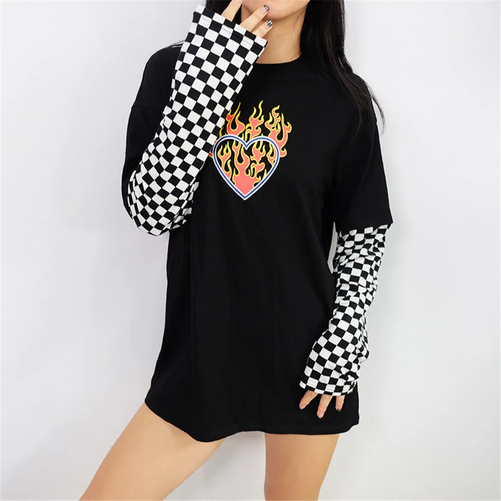 

Women Plaid Patchwork Long Sleeve Flaming Heart Print Sweatshirt Autumn Spring Black Checkerboard Pullover Hoodies O-Neck 2019