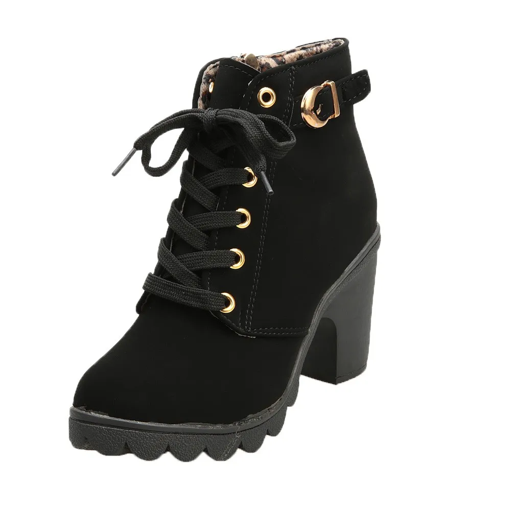 Ботинки; женская зимняя обувь; женские ботильоны на шнуровке на высоком каблуке; женская обувь из искусственной кожи на платформе с пряжкой; zapatos de mujer - Цвет: Черный