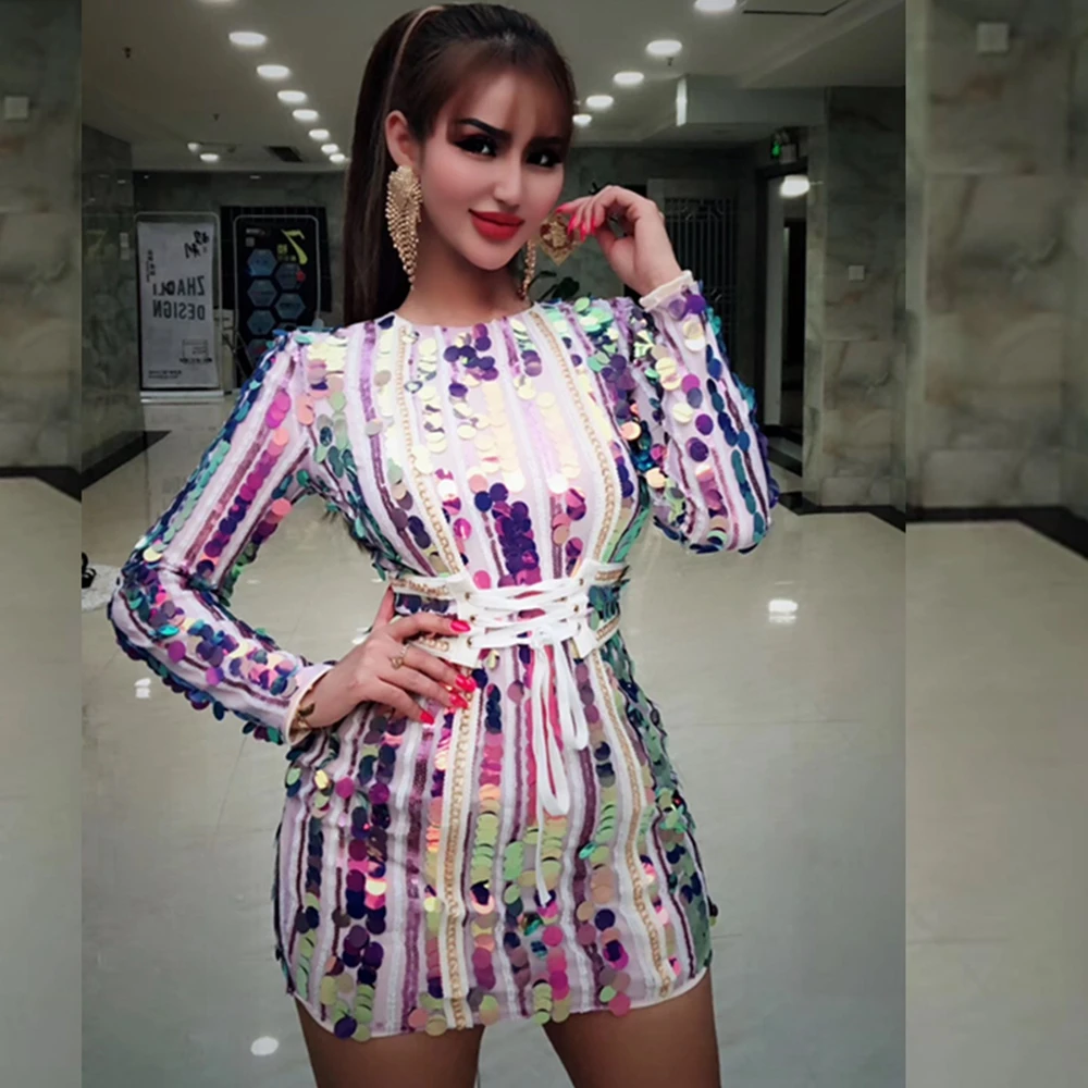 

2018 Elegant Long Sleeve Purple Pink Sky Blue Women Mesh Dress Patchwork Sashes Sequin Bling Mini Clubwear Celebrity Vestidos