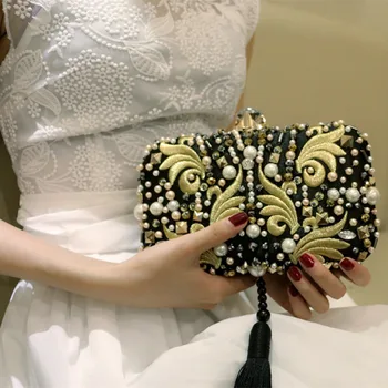 

Women Tassel Party Clutch Evening Bag Black mixed Gold Female Clutch Handbag with Chain Purse Crystal Bridal Wedding Handbag