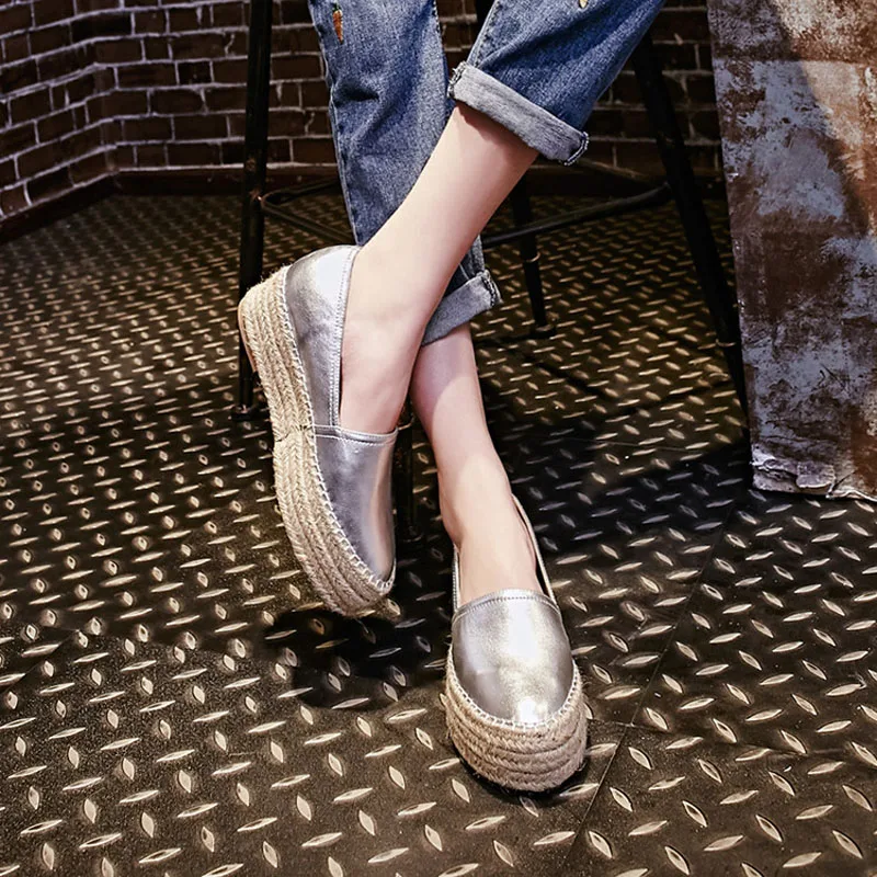 Women Casual Shoes Genuine Leather Flats Silver Gold Loafers Women's Slip on Female Flats New Fashion Flat Platform Shoes Woman (16)