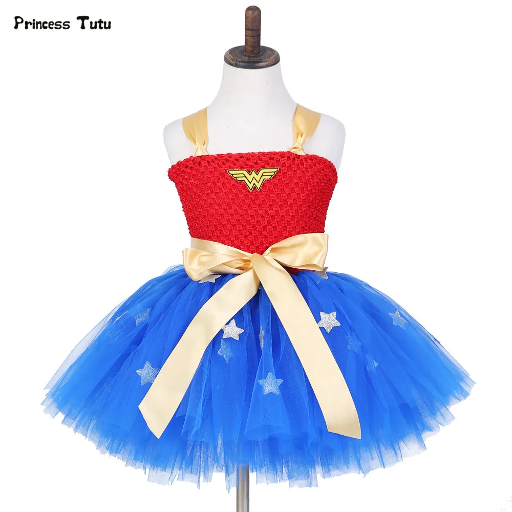 

Pink Blue Girls Tulle Tutu Dress Baby Kids Cosplay Superman Dress Halloween Costume Wonder Woman Super Girl Birthday Party Dress