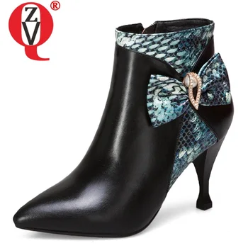 

ZVQ woman shoes winter new fashion pointed toe mixed colors bowtie genuine leather ankle boots outside super high heels shoes