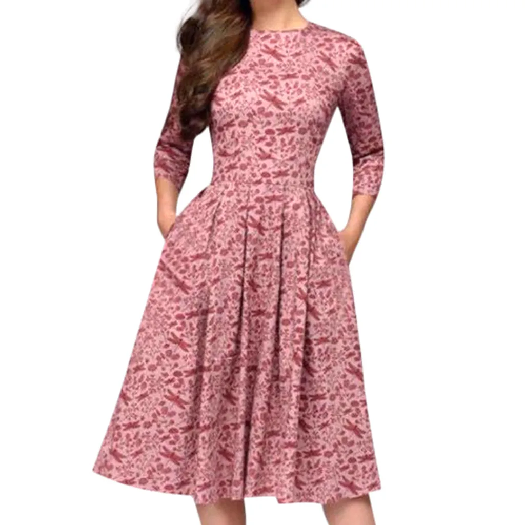 

JAYCOSIN 2019 Women Spring Autumn and Winter Dress Party Retro Small Floral Printing Seven-Point Sleeve Round Neck A-line Dress