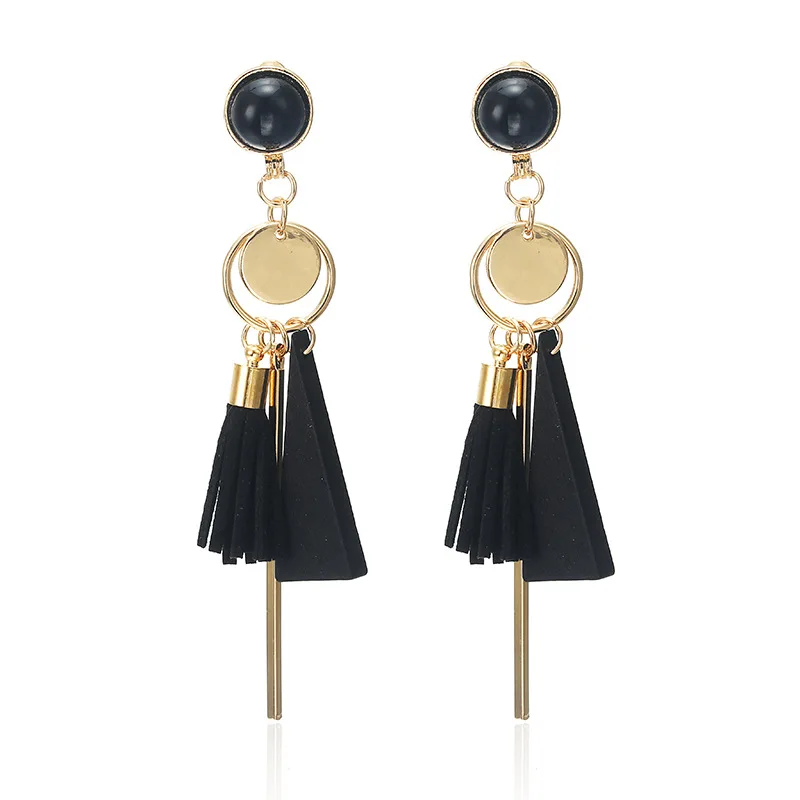 

2019 Hottest Fashion Velvet Leather Tassel Triangle Wood Circle Sequins Metal Rod Long Statement Drop Earrings For Women Jewelry
