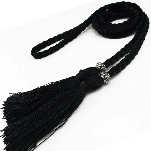 Women Waist Belt Rope Chinese Style Braided Woven Tassel Thin Belt Female Knot Decorated Waistband Hot Casual Solid Black Belts black