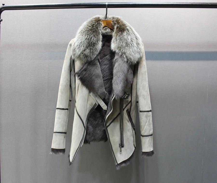 100% genuine sheepskin leather with fur coat slim with fox fur collar (1)