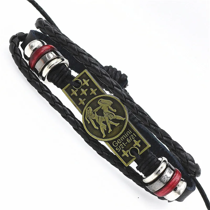 Плетеные пряжки 12 браслеты с изображениями созвездий панк кожаный браслет со знаком зодиака деревянный шарик черный Гальский камень Шарм ювелирные изделия - Окраска металла: SCSL005