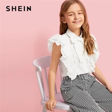 SHEIN/Детская многослойная блузка с оборками и завязками на шее для девочек; милые топы для детей; коллекция года; летние однотонные рубашки без рукавов с пуговицами спереди в консервативном стиле