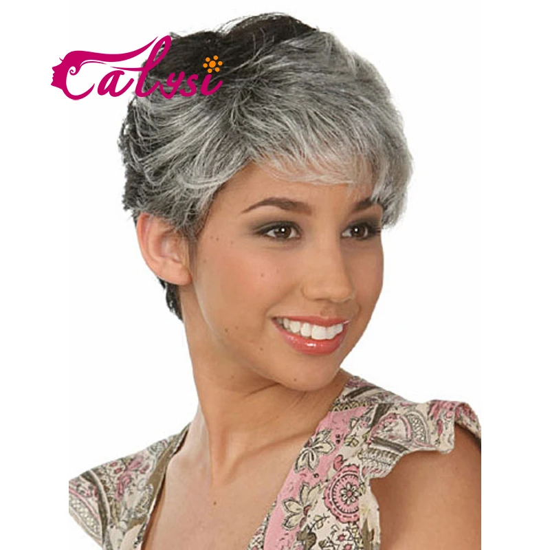 Synthetic Straight Side Bangs Gray Hair Styles Hair Wigs