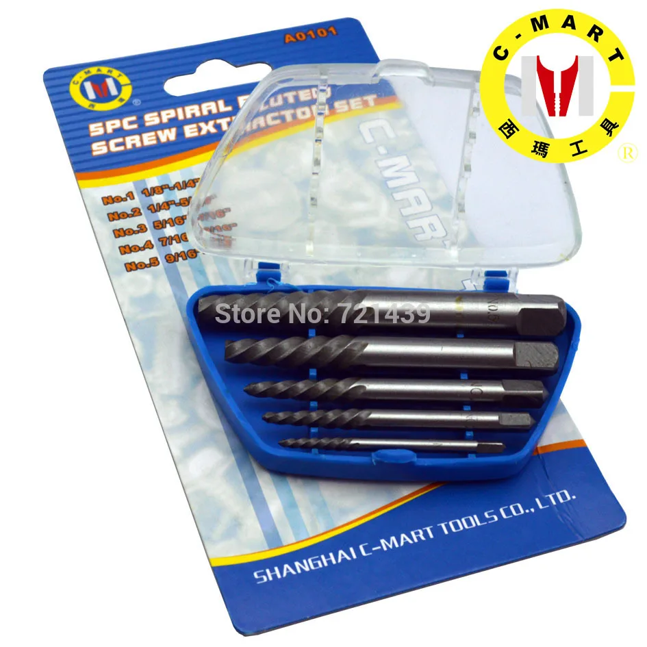 

C-MART Hand Tools 5Pcs/set Alloy Steel Spiral Flute Screw Extractor Broken Bolt Remover Easy Out Set A0101