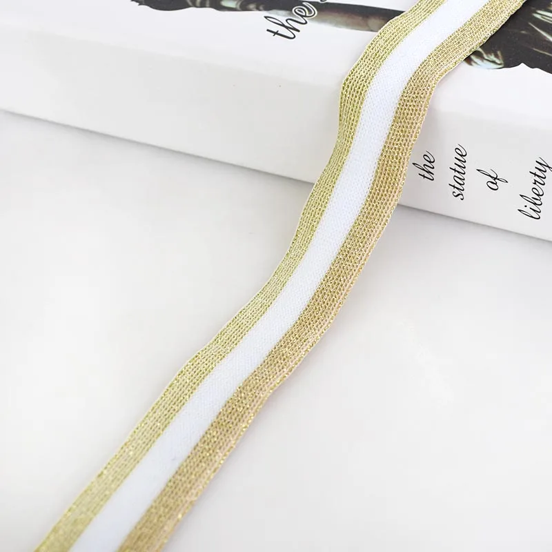 whitegold 25 ярдов 2,5 см полиэстер вязание полосатые тесьма спортивные штаны ткань эластичная лента растягивающиеся кружевные ленты Сделай Сам одежда аксессуары - Цвет: whitegold