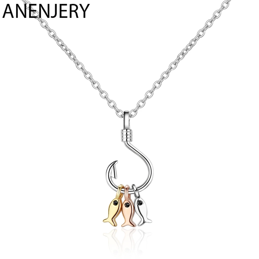 ANENJERY 925 Sterling Silver Necklace For Women Cute Fish and Fish Hook Necklace Chain Jewelry S-N376