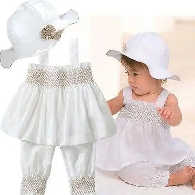 

0-24M Summer Newborn Baby Girls Princess Dress Tops + Pants + Hat 3pcs Kids Outfits Sets White Flower Girls Clothing Gifts