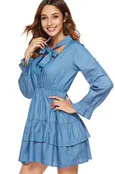 

Pregnant Women Denim Dress Pleated Round Neck Bow Long Sleeve Mini Skirt Pregnant Dress Maternity Gown