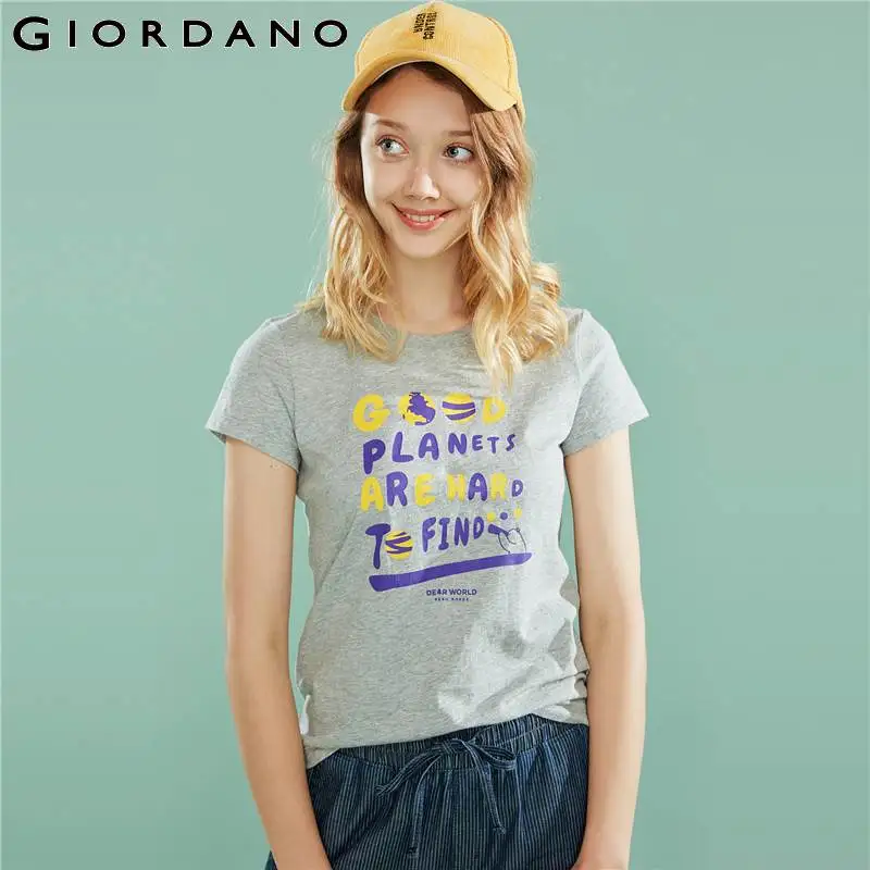 Giordano женская хлопчатобумажная футболка с короткими рукавами и печатным принтом