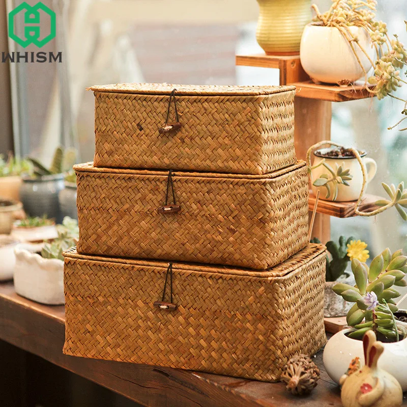 Billige WHISM Handgemachte Stroh Woven Lagerung Korb mit Deckel Make Up Organizer Lagerung Box Seegras Wäsche Körbe Rattan Schmuck Box