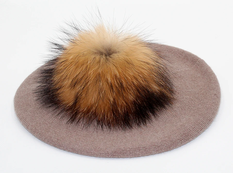 Women Beret Wool Hat Winter Knitted Wool Berets Real Fur Pompom Hats Beanies Female Top Quality Beret Cap (14)